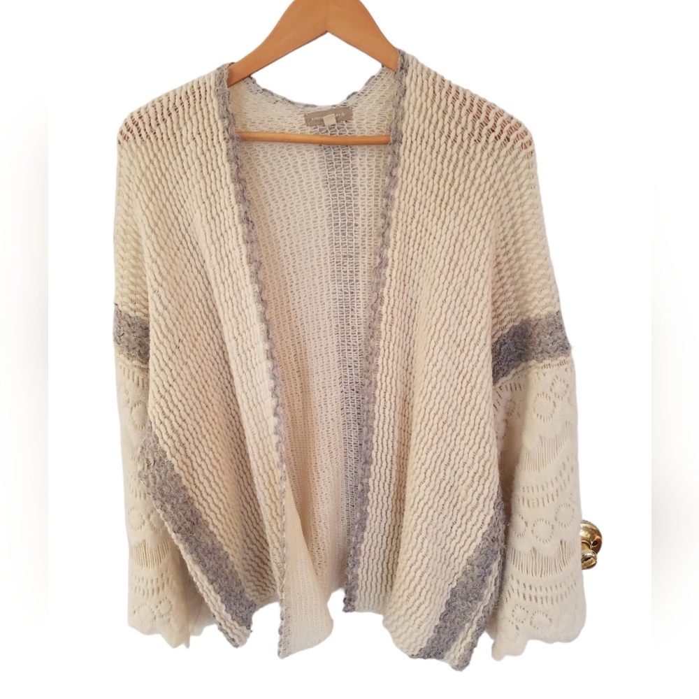 By Anthropologie Women's Open Front Cardigan Crochet Detail One Size Gray Cream